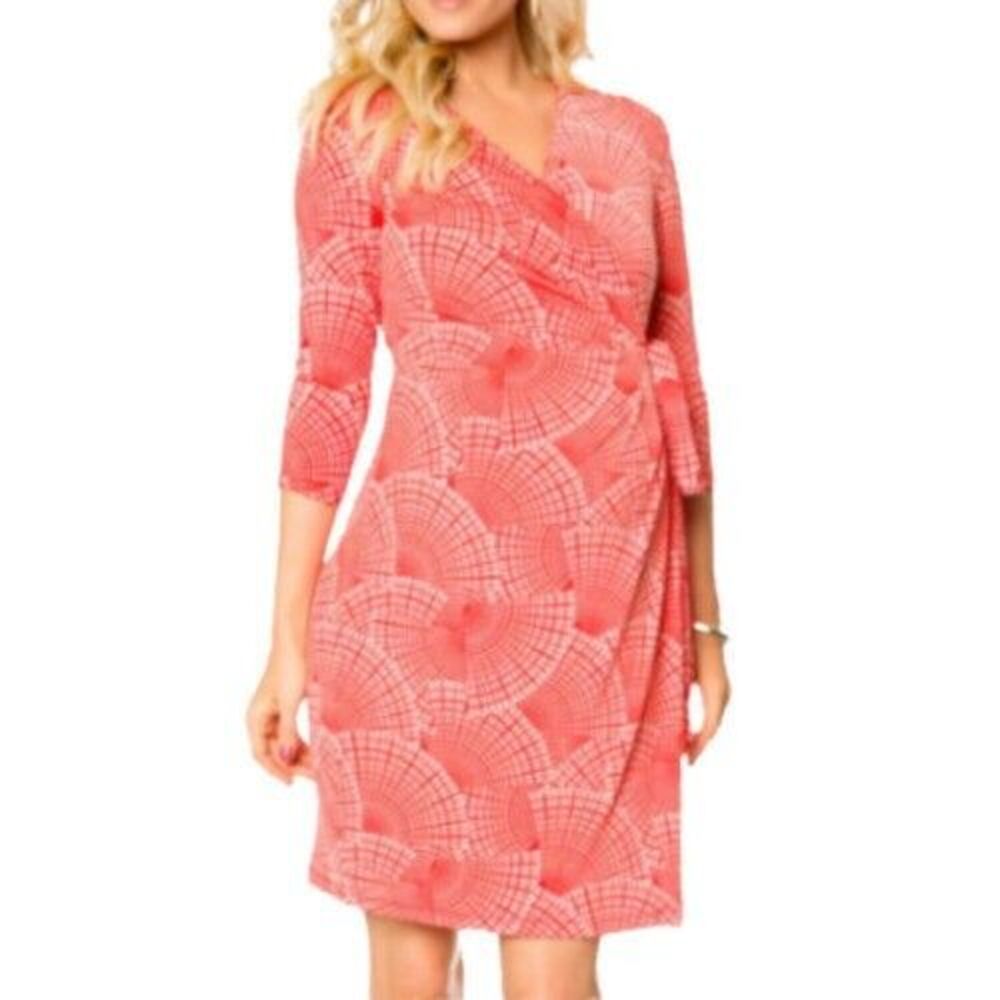 Pea in the Pod Maternity Wrap Dress Red White Geometric V-Neck 3/4 Sleeves XS